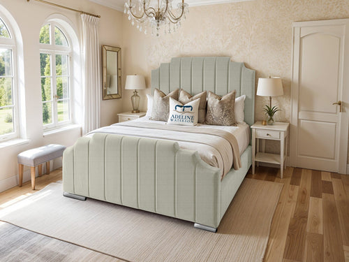 Arizona Scalloped Vertical Channel Upholstered Bed Set with Floor Standing Headboard, Footboard & Storage Upgrade Option