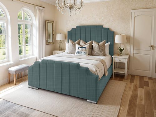Arizona Scalloped Vertical Channel Upholstered Bed Set with Floor Standing Headboard, Footboard & Storage Upgrade Option