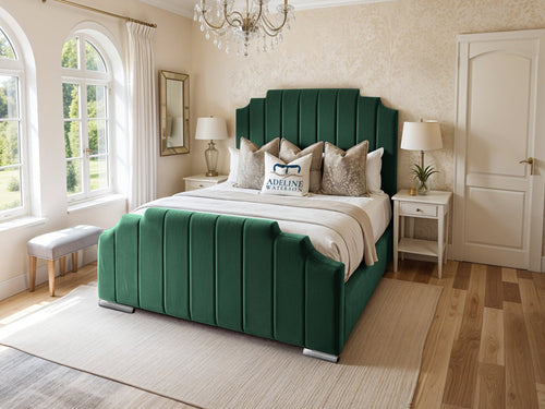 Arizona Scalloped Vertical Channel Upholstered Bed Set with Floor Standing Headboard, Footboard & Storage Upgrade Option