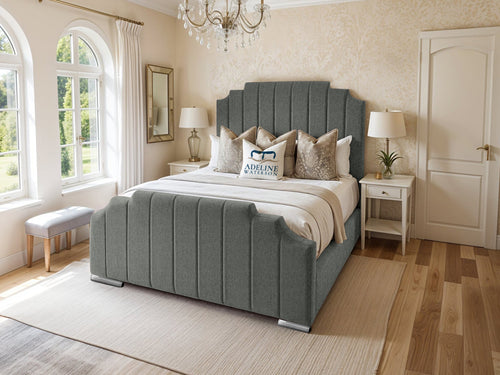 Arizona Scalloped Vertical Channel Upholstered Bed Set with Floor Standing Headboard, Footboard & Storage Upgrade Option