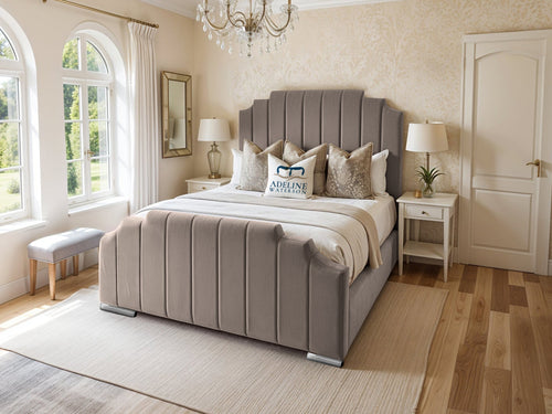 Arizona Scalloped Vertical Channel Upholstered Bed Set with Floor Standing Headboard, Footboard & Storage Upgrade Option
