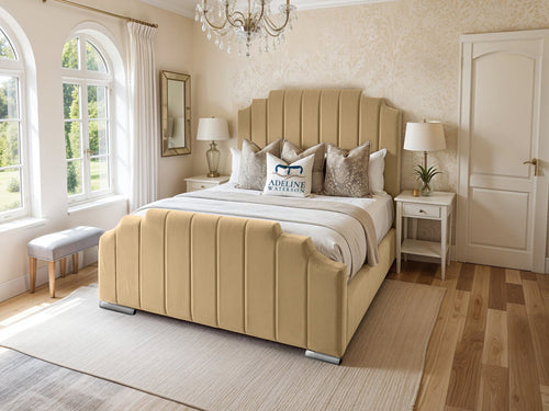 Arizona Scalloped Vertical Channel Upholstered Bed Set with Floor Standing Headboard, Footboard & Storage Upgrade Option