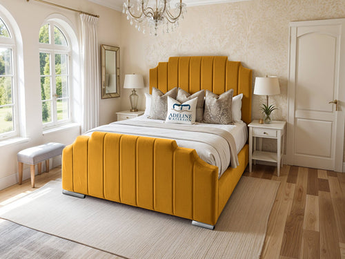 Arizona Scalloped Vertical Channel Upholstered Bed Set with Floor Standing Headboard, Footboard & Storage Upgrade Option