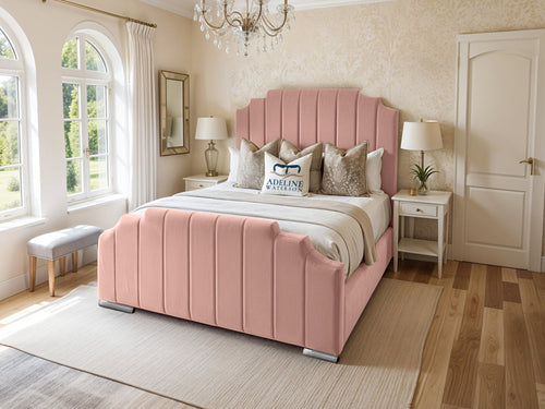 Arizona Scalloped Vertical Channel Upholstered Bed Set with Floor Standing Headboard, Footboard & Storage Upgrade Option