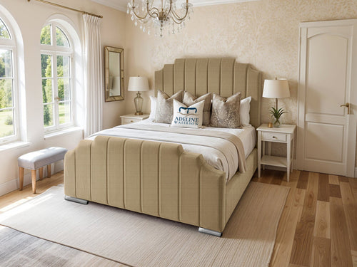 Arizona Scalloped Vertical Channel Upholstered Bed Set with Floor Standing Headboard, Footboard & Storage Upgrade Option