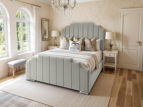 Arizona Scalloped Vertical Channel Upholstered Bed Set with Floor Standing Headboard, Footboard & Storage Upgrade Option