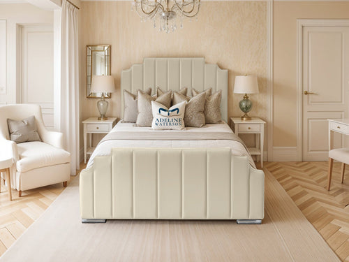 Arizona Scalloped Vertical Channel Upholstered Bed Set with Floor Standing Headboard, Footboard & Storage Upgrade Option