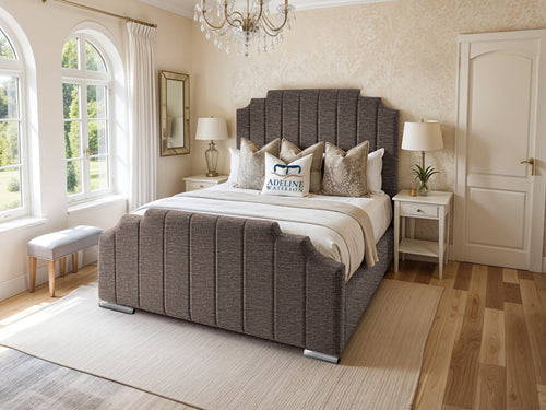 Arizona Scalloped Vertical Channel Upholstered Bed Set with Floor Standing Headboard, Footboard & Storage Upgrade Option