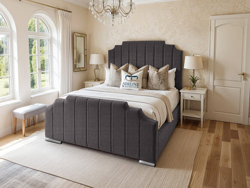 Arizona Scalloped Vertical Channel Upholstered Bed Set with Floor Standing Headboard, Footboard & Storage Upgrade Option