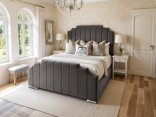 Arizona Scalloped Vertical Channel Upholstered Bed Set with Floor Standing Headboard, Footboard & Storage Upgrade Option