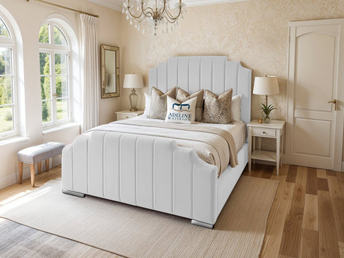 Arizona Scalloped Vertical Channel Upholstered Bed Set with Floor Standing Headboard, Footboard & Storage Upgrade Option
