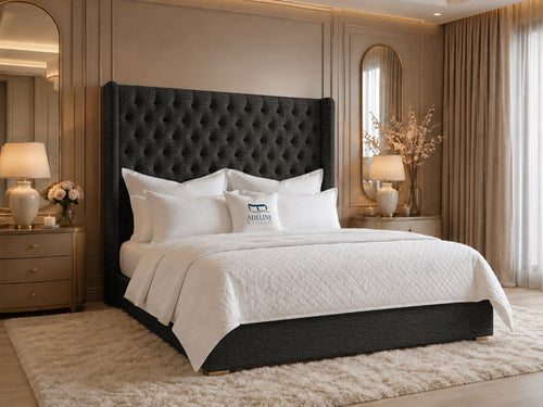 Ashbourne Wing Tufted Upholstered Bed Set with Floor Standing Headboard, Footboard & Storage Upgrade Option