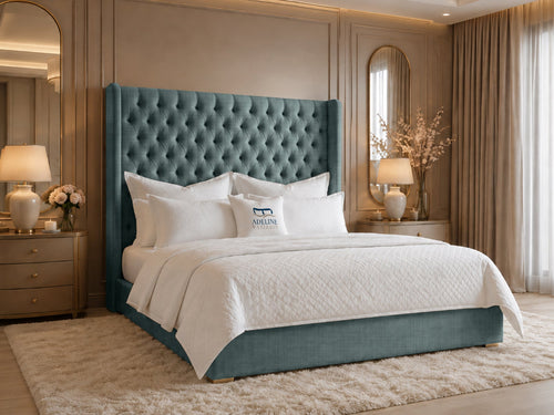 Ashbourne Wing Tufted Upholstered Bed Set with Floor Standing Headboard, Footboard & Storage Upgrade Option