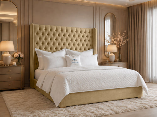 Ashbourne Wing Tufted Upholstered Bed Set with Floor Standing Headboard, Footboard & Storage Upgrade Option