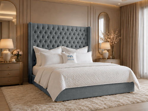 Ashbourne Wing Tufted Upholstered Bed Set with Floor Standing Headboard, Footboard & Storage Upgrade Option