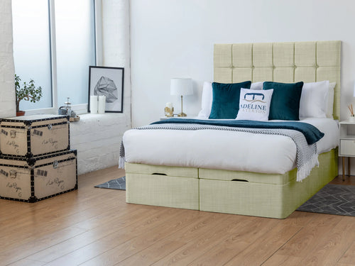 Ashland Cube Panel Ottoman End Lift Storage Bed Set with Floor Standing Headboard & Footboard
