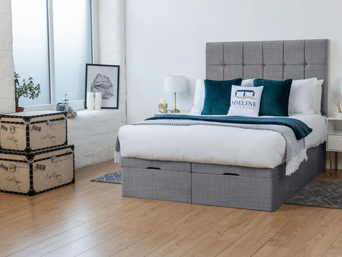 Ashland Cube Panel Ottoman End Lift Storage Bed Set with Floor Standing Headboard & Footboard