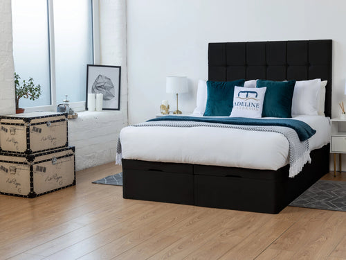 Ashland Cube Panel Ottoman End Lift Storage Bed Set with Floor Standing Headboard & Footboard