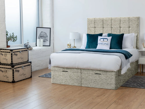 Ashland Cube Panel Ottoman End Lift Storage Bed Set with Floor Standing Headboard & Footboard