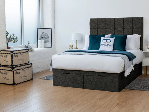Ashland Cube Panel Ottoman End Lift Storage Bed Set with Floor Standing Headboard & Footboard