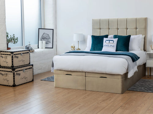 Ashland Cube Panel Ottoman End Lift Storage Bed Set with Floor Standing Headboard & Footboard
