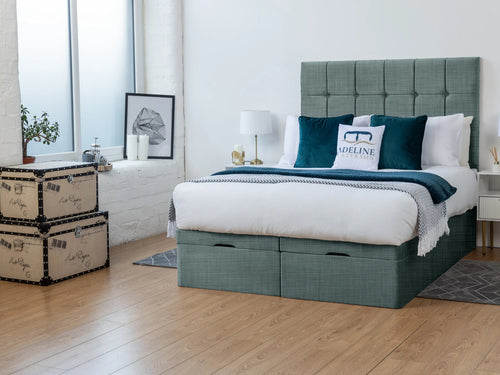 Ashland Cube Panel Ottoman End Lift Storage Bed Set with Floor Standing Headboard & Footboard