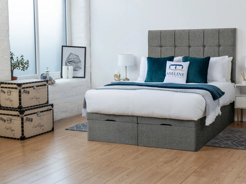 Ashland Cube Panel Ottoman End Lift Storage Bed Set with Floor Standing Headboard & Footboard