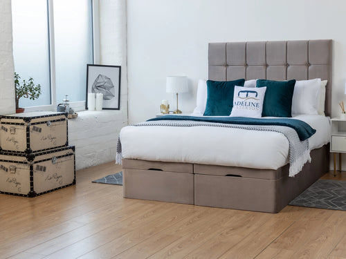 Ashland Cube Panel Ottoman End Lift Storage Bed Set with Floor Standing Headboard & Footboard
