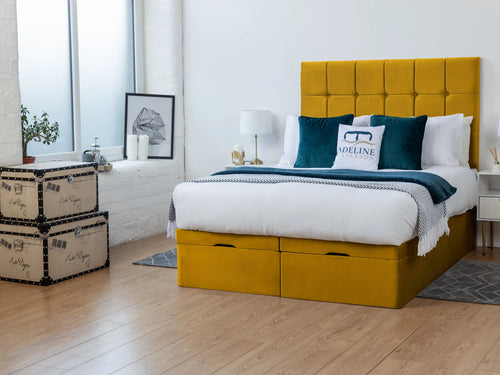 Ashland Cube Panel Ottoman End Lift Storage Bed Set with Floor Standing Headboard & Footboard