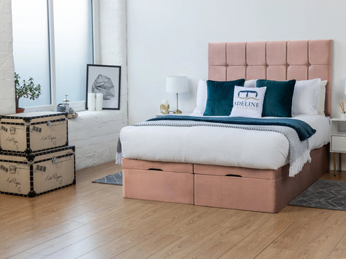 Ashland Cube Panel Ottoman End Lift Storage Bed Set with Floor Standing Headboard & Footboard
