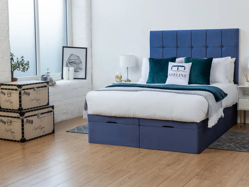 Ashland Cube Panel Ottoman End Lift Storage Bed Set with Floor Standing Headboard & Footboard
