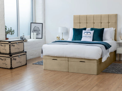 Ashland Cube Panel Ottoman End Lift Storage Bed Set with Floor Standing Headboard & Footboard
