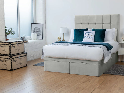 Ashland Cube Panel Ottoman End Lift Storage Bed Set with Floor Standing Headboard & Footboard