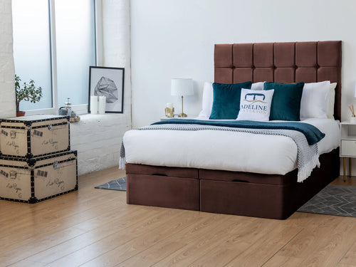 Ashland Cube Panel Ottoman End Lift Storage Bed Set with Floor Standing Headboard & Footboard