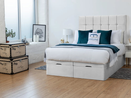 Ashland Cube Panel Ottoman End Lift Storage Bed Set with Floor Standing Headboard & Footboard
