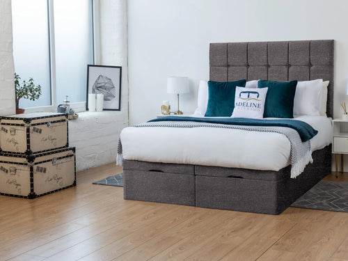 Ashland Cube Panel Ottoman End Lift Storage Bed Set with Floor Standing Headboard & Footboard