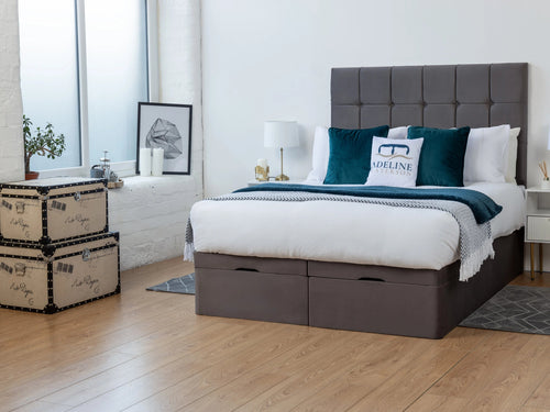 Ashland Cube Panel Ottoman End Lift Storage Bed Set with Floor Standing Headboard & Footboard