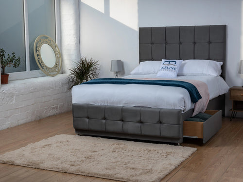 Ashmount Cube Panel Divan Bed Set with Storage Drawers, Floor Standing Headboard & Footboard