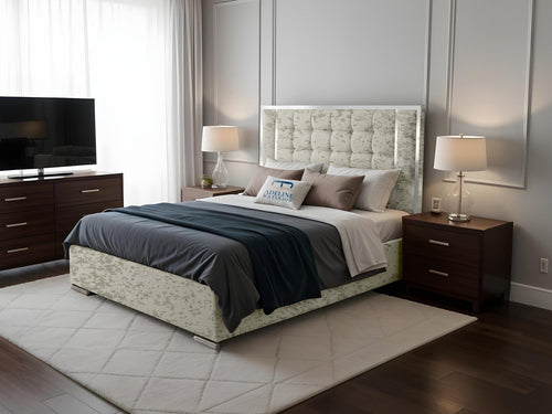 Ashton Contrast Cube Panel Upholstered Bed Set with Floor Standing Headboard, Footboard & Storage Upgrade Option