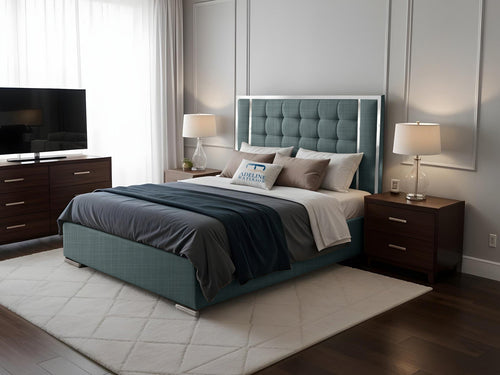 Ashton Contrast Cube Panel Upholstered Bed Set with Floor Standing Headboard, Footboard & Storage Upgrade Option