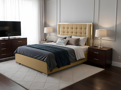Ashton Contrast Cube Panel Upholstered Bed Set with Floor Standing Headboard, Footboard & Storage Upgrade Option