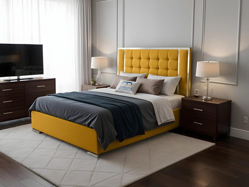 Ashton Contrast Cube Panel Upholstered Bed Set with Floor Standing Headboard, Footboard & Storage Upgrade Option