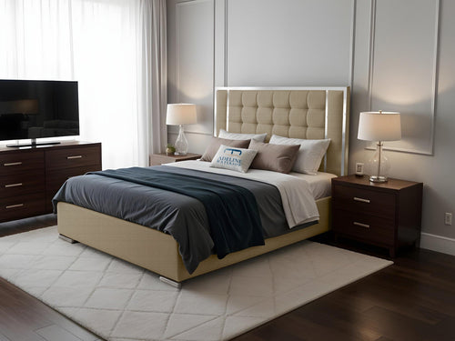 Ashton Contrast Cube Panel Upholstered Bed Set with Floor Standing Headboard, Footboard & Storage Upgrade Option