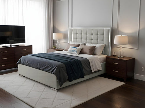 Ashton Contrast Cube Panel Upholstered Bed Set with Floor Standing Headboard, Footboard & Storage Upgrade Option