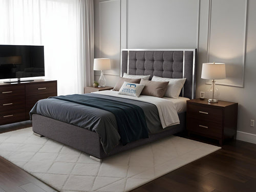 Ashton Contrast Cube Panel Upholstered Bed Set with Floor Standing Headboard, Footboard & Storage Upgrade Option