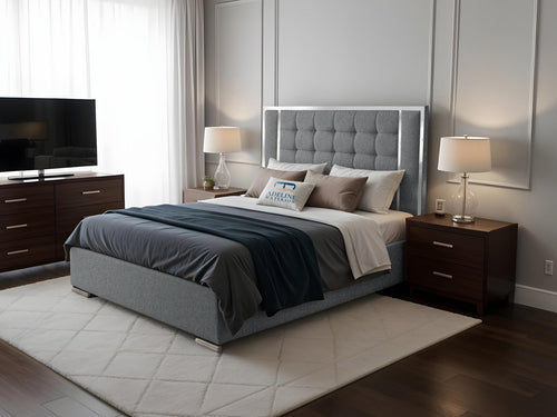 Ashton Contrast Cube Panel Upholstered Bed Set with Floor Standing Headboard, Footboard & Storage Upgrade Option