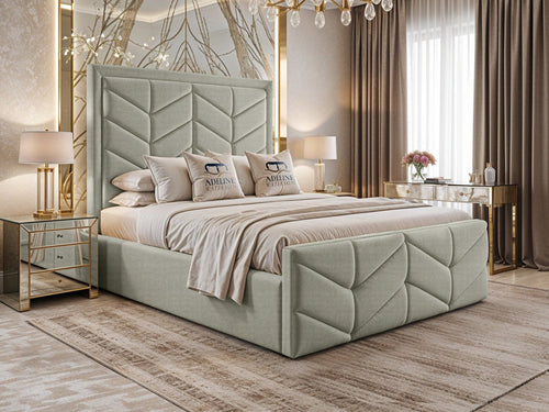 Atlantis Geometric Chevron Panel Upholstered Bed Set with Floor Standing Headboard, Footboard & Storage Upgrade Option