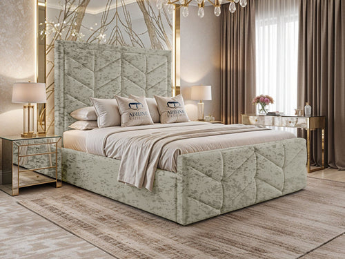 Atlantis Geometric Chevron Panel Upholstered Bed Set with Floor Standing Headboard, Footboard & Storage Upgrade Option