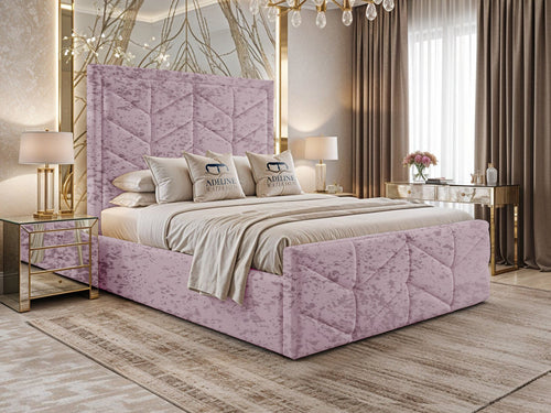 Atlantis Geometric Chevron Panel Upholstered Bed Set with Floor Standing Headboard, Footboard & Storage Upgrade Option