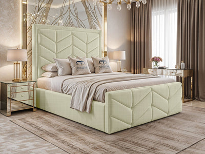 Atlantis Geometric Chevron Panel Upholstered Bed Set with Floor Standing Headboard, Footboard & Storage Upgrade Option